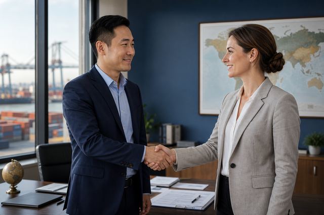 Chinese and French partners shaking hands at Yueyang International Freight
